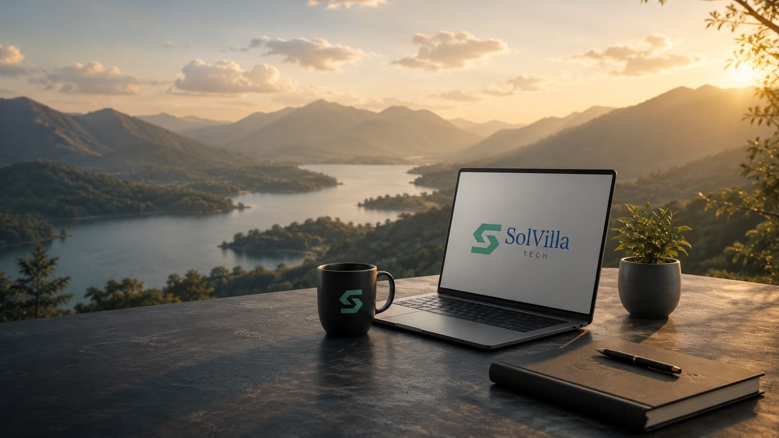 SolVillaTech workspace. mountain view with laptop